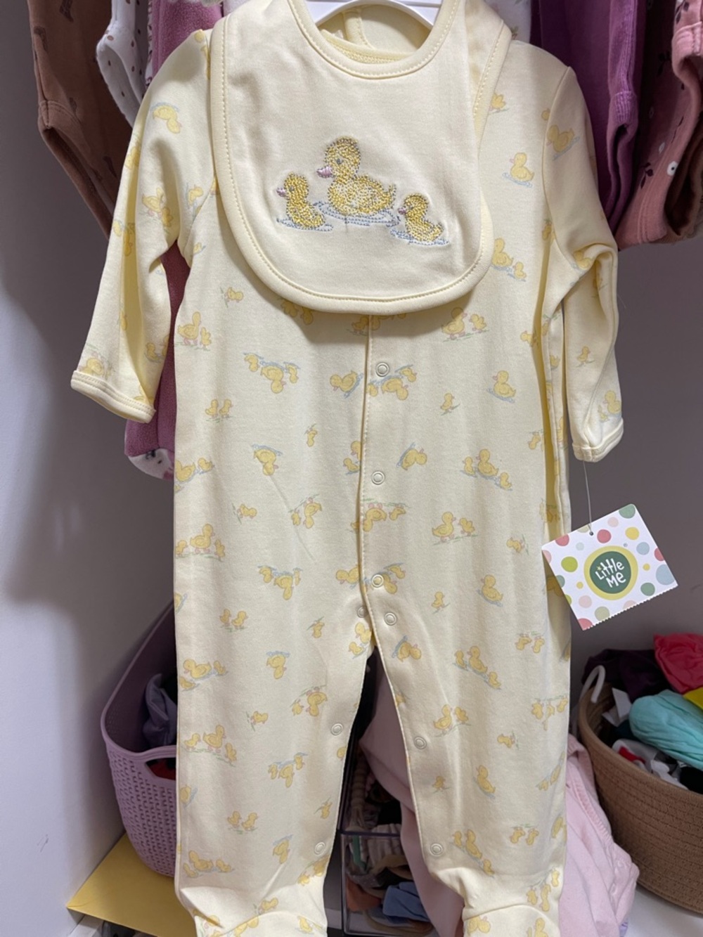 Little Me Pale Yellow Baby Footed Onesie with Duck Bib